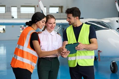Aviation students and pilot using tablet in hangar 스톡 사진