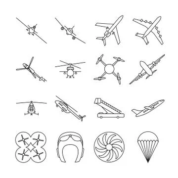 Aviation thin line vector icons set Stock Illustration