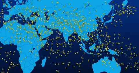 Aviation tracking interface displaying crowded aerial commercial flights Vídeos de archivo 337432838
