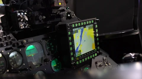 Aviation, view of the dashboard of the fighter, instruments and electronics Stock Footage 108651468