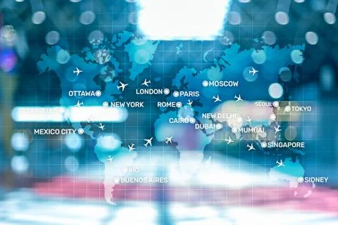 Aviation wallpaper with planes over the map with major city names. Digital map Stock Illustration