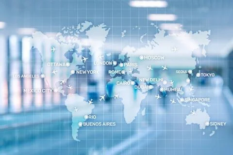Aviation wallpaper with planes over the map with major city names. Digital map Stock-Illustration