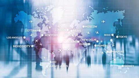 Aviation wallpaper with planes over the map with major city names. Digital map Fotos Stock