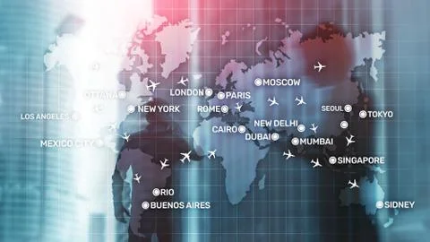 Aviation wallpaper with planes over the map with major city names. Digital map Fotos Stock