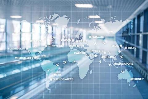 Aviation wallpaper with planes over the map with major city names. Digital map Fotos Stock