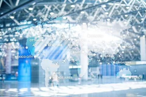 Aviation wallpaper with planes over the map with major city names. Digital map Fotos Stock