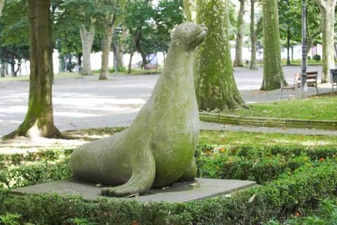 Avils, Spain - July 27, 2019: Monument of seadog of stone Stock Photos
