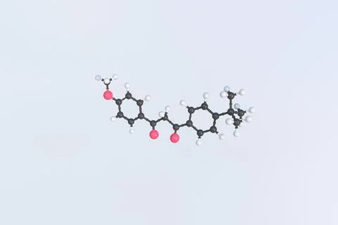 Avobenzone molecule, isolated molecular model. 3D rendering Stock Illustration