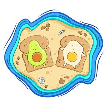 Avocado and egg on bread toast lie on the beach near the water. Stock Illustration