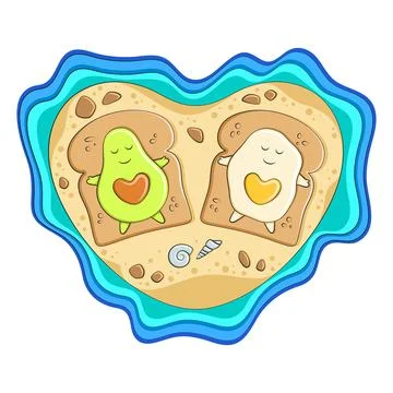 Avocado and egg on bread toast lie on a heart shaped island. Stock Illustration