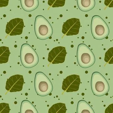 Avocado and leaf vector seamless pattern on light green background with dots 스톡 일러스트