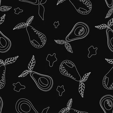 Avocado black white pattern background. Collection avocado set. Vector Stock Illustration
