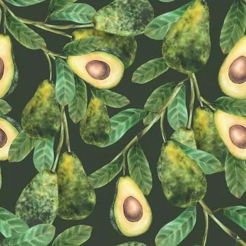 Avocado branches watercolor seamless pattern. Whole fruits, cut halves with.. Stock Illustration