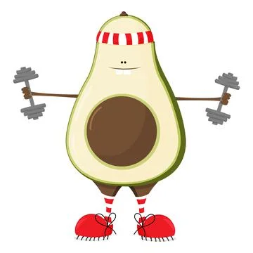 Avocado cartoon character doing exercises with dumbbells. Vector illustration Stock Illustration