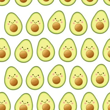 Avocado in cartoon style seamless pattern on white background. Flat vector Stock Illustration