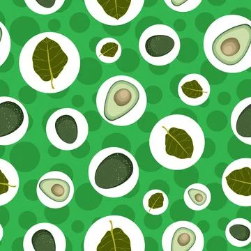 Avocado on circles seamless pattern vector illustration on green background Illustrazione stock