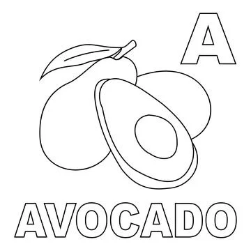 Avocado coloring page, with a capital A to introduce letters to children Stock Illustration
