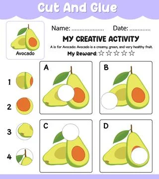 Avocado Cut and Match Vector Worksheet, Preschool Learning Activity with Na.. Illustrazione stock