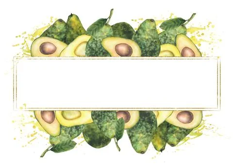 Avocado frame. Whole and cut avocado fruit half with seed and leaves gold f.. Stock Illustration