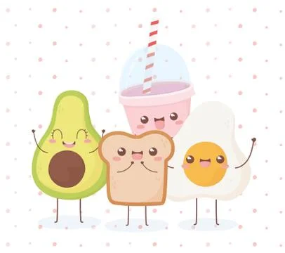 Avocado fried egg and bread kawaii food cartoon character design Stock Illustration
