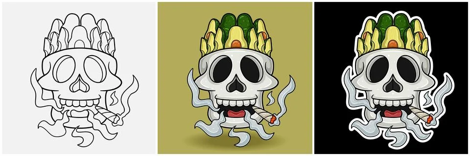 Avocado Fruit Inside Skull Head With Smoking Character Cartoon. Black White.. Stock Illustration