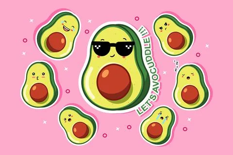Avocado Fruit Sticker Set with Different Emotions Vector Illustration Kawaii Stock Illustration