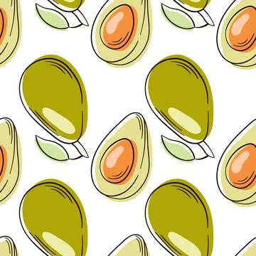 Avocado fruits seamless pattern hand drawn style. Sketch of a whole avocado Stock Illustration