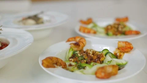 Avocado grilled shrimp mango summer salad dish 4K Stock Footage 92912484