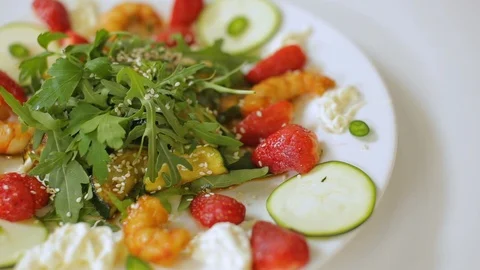 Avocado grilled shrimp mango summer salad dish 4K Stock Footage 92913009