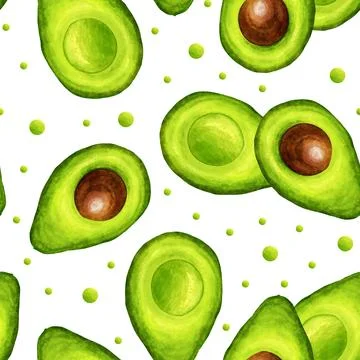 Avocado half seamless pattern. Avocado tropical fresh fruit hand draw watercolor Stock Illustration
