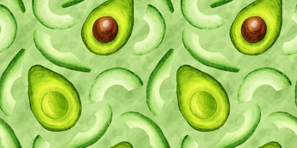 Avocado half seamless pattern. Avocado tropical fresh fruit hand draw watercolor Stock Illustration