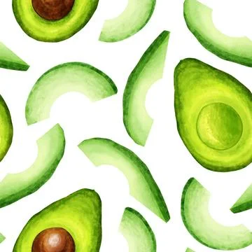 Avocado half seamless pattern. Avocado tropical fresh fruit hand draw watercolor Stock Illustration