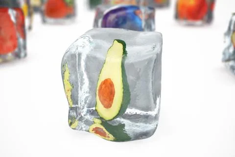 Avocado in ice cube isolated on white with depth of field effects. Ice cubes イラスト素材