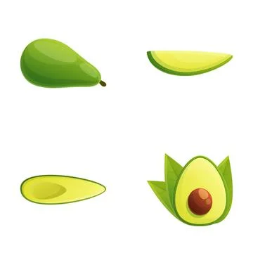 Avocado icons set cartoon vector. Whole and cut in half avocado with pit Stock Illustration