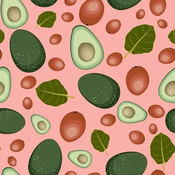 Avocado illustration vector seamless pattern, pink background Stock Illustration