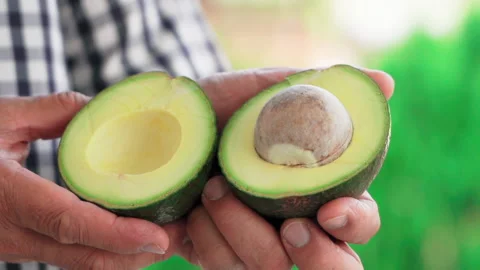 Avocado on the man hands cut in half Vídeos de archivo 156015594