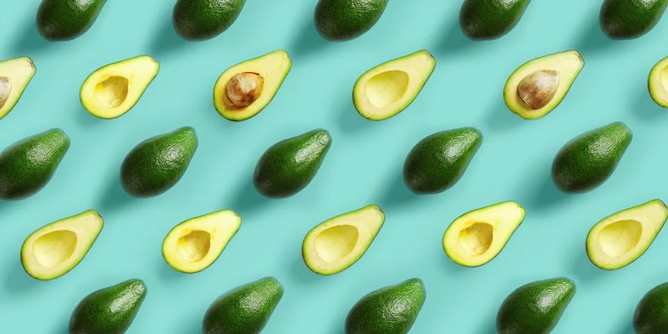 Avocado pattern on blue background. Pop art design, creative summer food concept Stock Photos