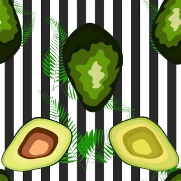 Avocado pattern. Tropical summer fruit engraved style background. Stripe back 스톡 일러스트