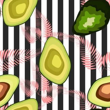 Avocado pattern. Tropical summer fruit engraved style background. Stripe back Stock Illustration