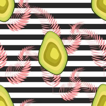 Avocado pattern. Tropical summer fruit engraved style background. Stripe back Stock Illustration