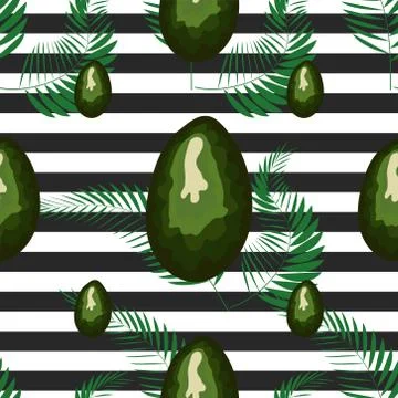 Avocado pattern. Tropical summer fruit engraved style background. Stripe back Illustrazione stock