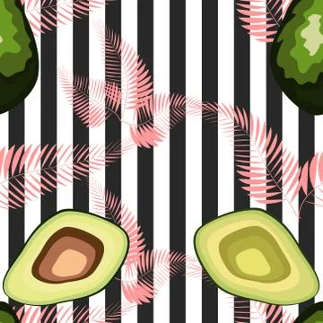 Avocado pattern. Tropical summer fruit engraved style background. Stripe back Stock Illustration