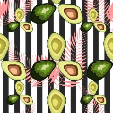 Avocado pattern. Tropical summer fruit engraved style background. Stripe back Illustrazione stock