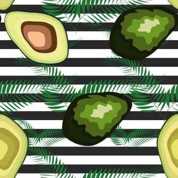 Avocado pattern. Tropical summer fruit engraved style background. Stripe back Illustrazione stock
