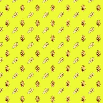 Avocado pattern on a yellow background. Top view of green avocados. Stock-Fotos