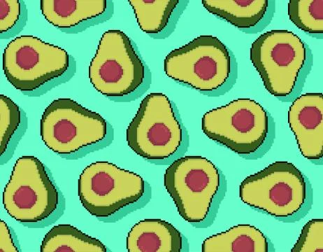 Avocado pixel art pattern seamless. Tropical green fruit 8 bit background. Pi Stock Illustration