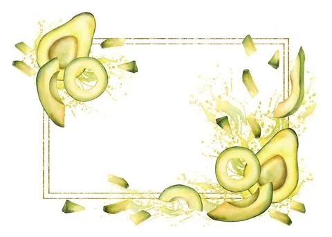 Avocado pulp frame. Slices, pieces and half fruit on watercolor splashes st.. Stockillustratie