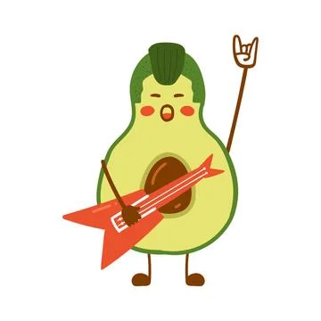  Avocado Rock and Roll. Vector flat illustration of cute avocado character... Stock Photos