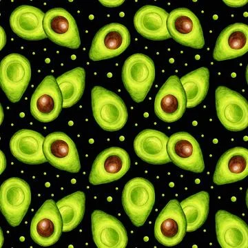 Avocado seamless pattern. Avocado tropical fresh fruit hand draw watercolor Stock Illustration