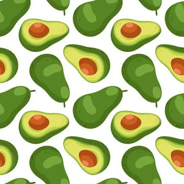 Avocado seamless pattern in cartoon style. Avocado one cut in half with bone on Illustrazione stock